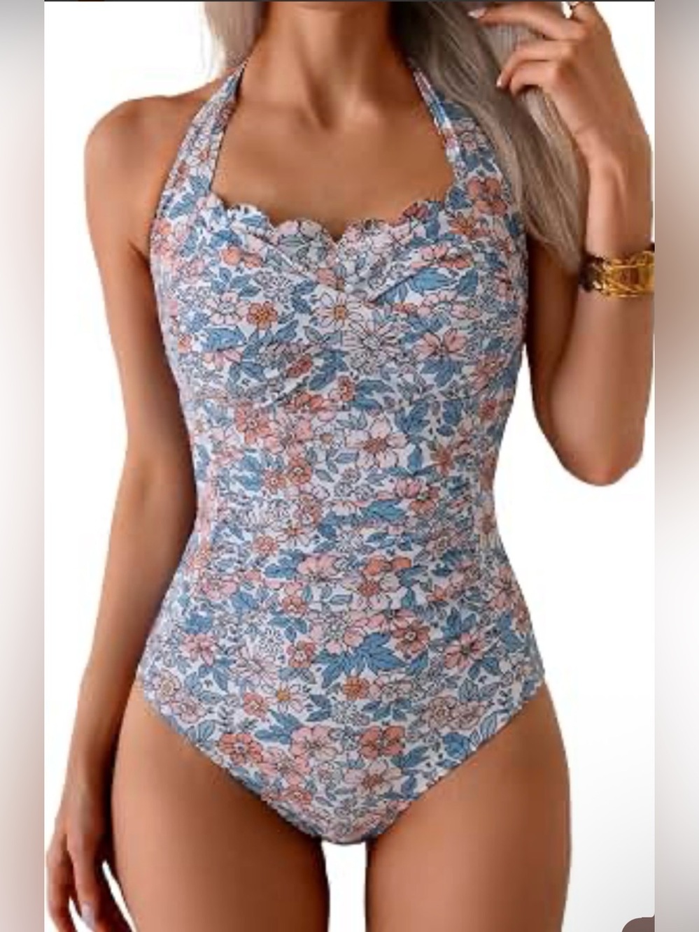 Floral Halter One-Piece Swimsuit in Blue and Pink